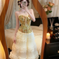 Oil‑Painting Green 2‑Piece Evening Gown, Strapless Printed Corset Top Tiered Ruffle Tulle Skirt Prom Dress gh9141