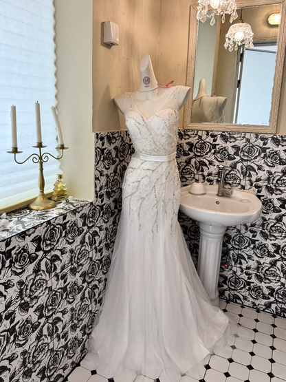 White V-Neck Waist-Cinched Slim Fit Mermaid Long Elegant Romantic Dress, Wedding Gown gh7634