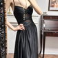 Black Glitter‑Mesh Spaghetti‑Strap Twist‑Knot A‑Line Floor‑Length Vintage Evening Prom Gown gh8790
