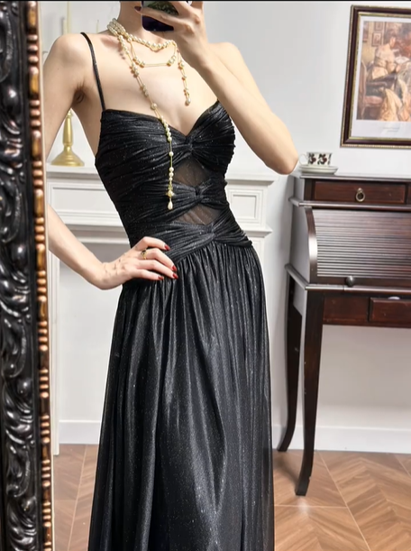 Black Glitter‑Mesh Spaghetti‑Strap Twist‑Knot A‑Line Floor‑Length Vintage Evening Prom Gown gh8790
