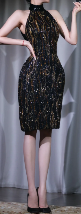 ✨Girlhomeshops-Black Gold Peacock Sequin Short Halter Bodycon Party Dress gh10131