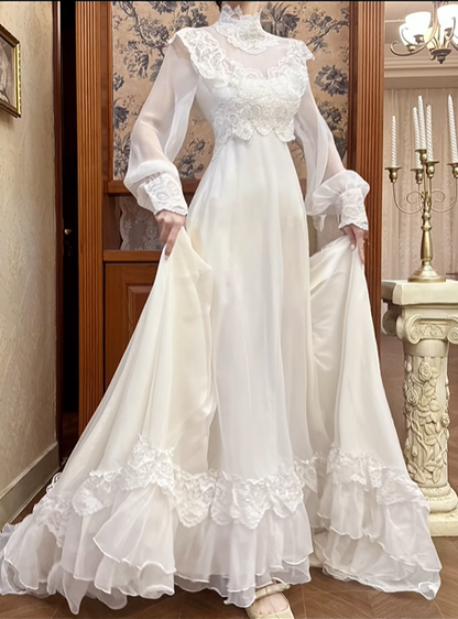 White Vintage Chiffon Wedding Gown, Lace High Neck Over V‑Neck, Ruffle Lace Shoulder Trim, Chiffon Puff Long Sleeves, Lace Embroidered Cuffs, Lace Appliqués Empire Waist, A‑Line Long Skirt With Multi‑Layer Ruffle Lace Hem, Prom & Wedding Dress gh8668