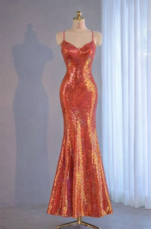 Sequined Spaghetti Straps Waist-Cinched Bodycon Sexy Mermaid Hem Evening Dress, Fairy Gown, Romantic Gown gh7455