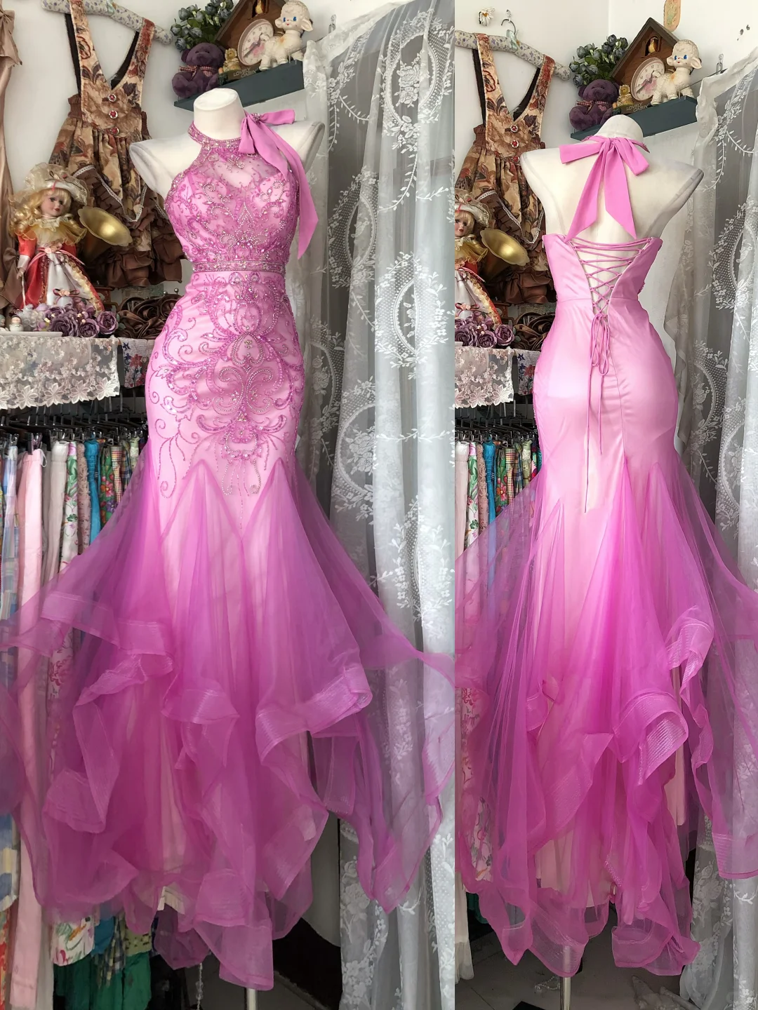 ✨Girlhomeshops-Fuchsia Halter Beaded Mermaid Gown Ruffle Tulle gh10135