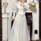 Ivory Vintage Lace High‑Neck Puff‑Sleeve Tie‑Cuff A‑Line Short Train Wedding Dress gh8774