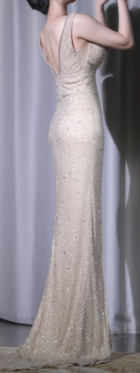 ✨Girlhomeshops-Champagne Sequin Mermaid Long Prom Gown Deep V High Slit Formal Cocktail Dress gh10109