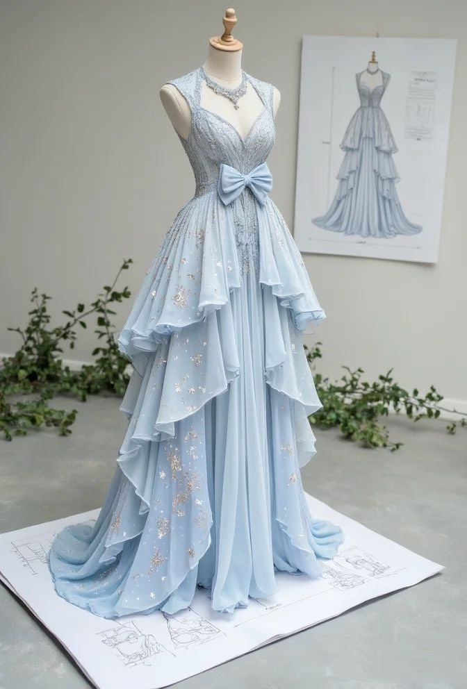 Blaues süßes ästhetisches langes Tüll-Ballkleid mit Rüschen im Rokoko-Stil gh4729