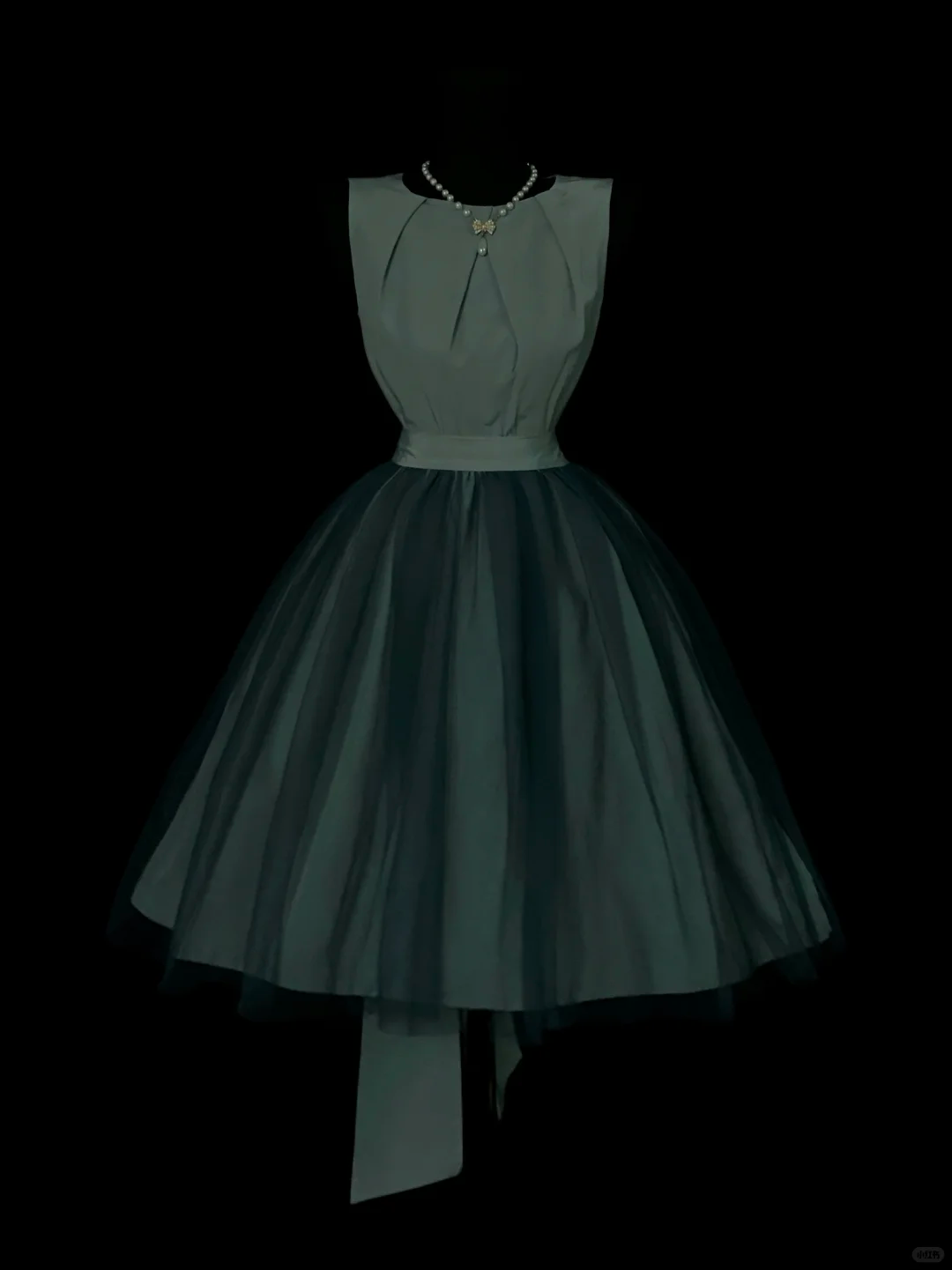Dusty Green Vintage Short Prom Dress, Sleeveless Round Neck, Chest Pleated Detail, High Waist, Voluminous Tulle Midi Skirt, Large Back Bow, Retro 50s Cocktail Party Gown gh8885