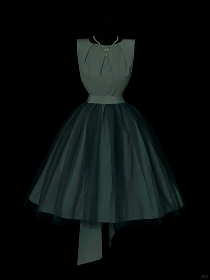 Dusty Green Vintage Short Prom Dress, Sleeveless Round Neck, Chest Pleated Detail, High Waist, Voluminous Tulle Midi Skirt, Large Back Bow, Retro 50s Cocktail Party Gown gh8885