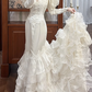 Ivory Vintage Satin Mermaid Wedding Prom Dress, Sheer Illusion Sweetheart, Leg‑of‑Mutton Puff Sleeves, Floral Lace Appliqués, Multi‑Tier Ruffled Cake Train gh8689