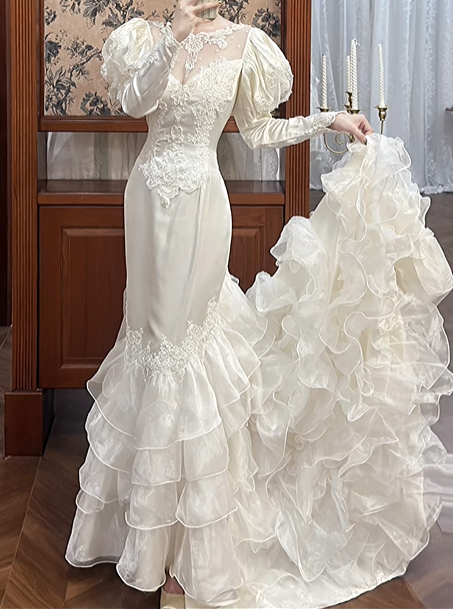 Ivory Vintage Satin Mermaid Wedding Prom Dress, Sheer Illusion Sweetheart, Leg‑of‑Mutton Puff Sleeves, Floral Lace Appliqués, Multi‑Tier Ruffled Cake Train gh8689