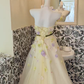 Light Yellow Strapless Cinched Waist A-Line Skirt Long Romantic Dress, Wedding Gown gh7825