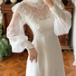Off‑White Vintage Edwardian High Neck Lace Sheer Puff Long Sleeve High Waist Multi‑Layer Ruffle Lace Hem Long Train Prom Gown, Wedding Dress gh8622