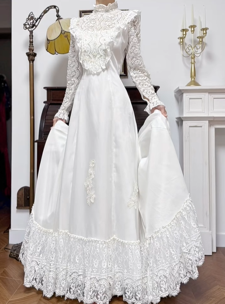 Ivory Vintage High‑Neck Lace Satin Wedding Dress, Long Sleeve Bridal Gown gh8747
