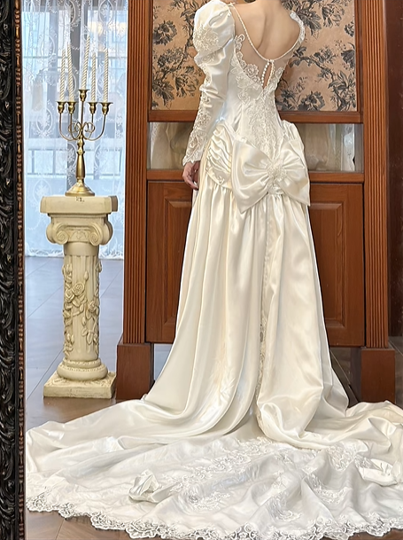 Ivory Vintage Satin Lace Ballgown Wedding Dress, Puff Long Sleeve Bridal Prom Dress gh8732