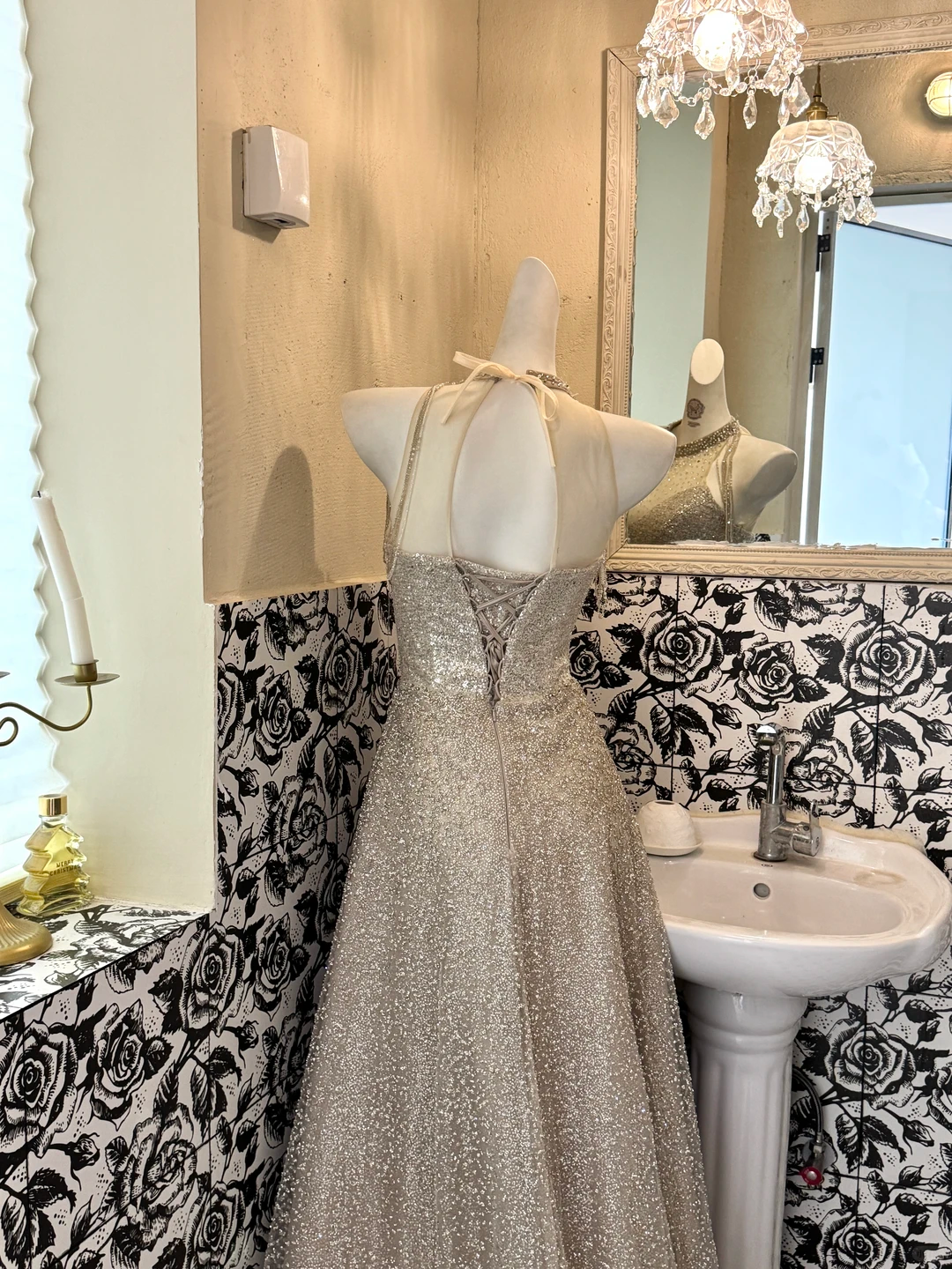 Light Champagne Sequin Halter Waist-Cinched Slimming Elegant Romantic Dress, Wedding Gown gh7623