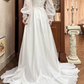 White Vintage Edwardian Wedding Gown, V‑Neck Lace Trim Stand Collar, Lantern Puff Long Sleeves, High Waist With Floral Lace Appliqués, Flowy Chiffon Flared Long Skirt, Prom Dress gh8660