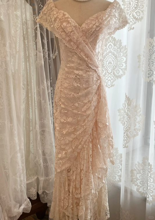 Light Apricot Vintage Lace Mermaid Gown, Off The Shoulder V Neck Evening Dress gh9347