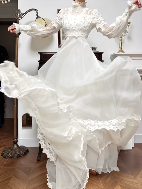 Ivory Vintage Tulle Wedding Gown, Ruffled High Neck, Lace‑Inset Sheer Lantern Long Sleeves, Lace Appliqués Empire Waist, Flowy Tulle Full‑Length Skirt, Double‑Layer Lace Ruffled Hem, Bridal Prom Dress gh8762