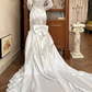 White Vintage Satin Mermaid Wedding Prom Dress, Lace High Neck Illusion V‑Neck, Leg‑of‑Mutton Puff Sleeves, Heart‑Shape Lace Appliqués, Scalloped Lace Long Train gh8680