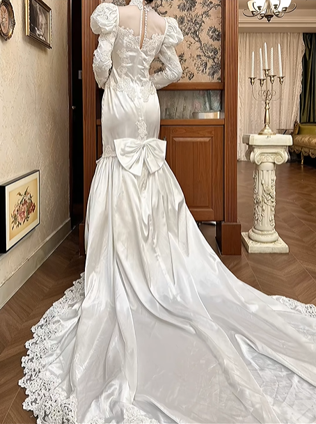 White Vintage Satin Mermaid Wedding Prom Dress, Lace High Neck Illusion V‑Neck, Leg‑of‑Mutton Puff Sleeves, Heart‑Shape Lace Appliqués, Scalloped Lace Long Train gh8680