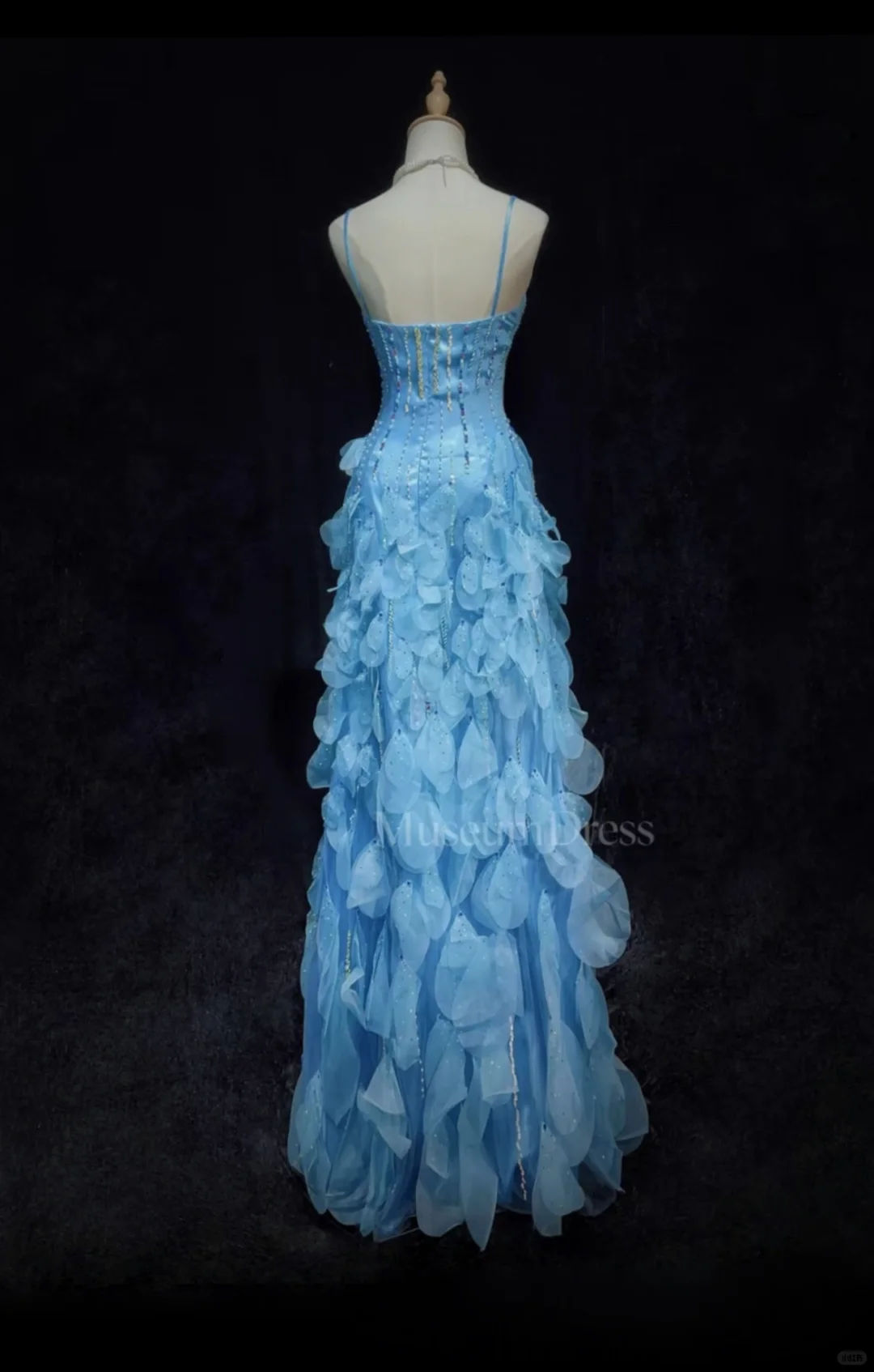 Light Blue Square Neck Prom Dress Spaghetti Straps 3D Petal Tulle Beaded Formal Dress gh9546