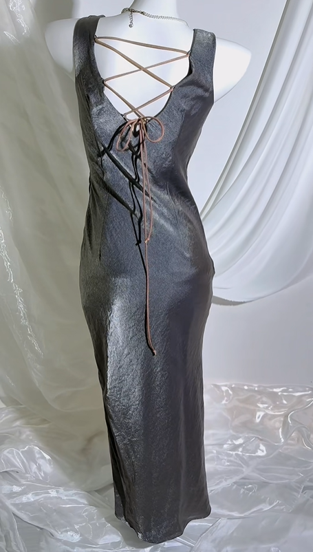 Sexy Dark Gray Sleeveless Satin Prom & Evening Party Dress, Fitted Waist Slim Bodycon Silhouette gh8549