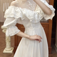 Ivory Vintage Victorian Wedding Gown, Lace High Neck Off‑the‑Shoulder Ruffle Puff Mid‑Sleeves, Lace Fitted Waist, Multi‑Tiered Ruffled Lace Hem Long Train, Bridal Prom Dress gh8719