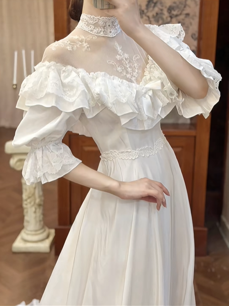 Ivory Vintage Victorian Wedding Gown, Lace High Neck Off‑the‑Shoulder Ruffle Puff Mid‑Sleeves, Lace Fitted Waist, Multi‑Tiered Ruffled Lace Hem Long Train, Bridal Prom Dress gh8719