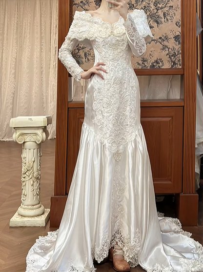 Ivory Vintage Satin Wedding Gown, Cape‑Style Off‑the‑Shoulder Lace Collar, Long Lace Appliqué Sleeves, Fitted Mermaid Silhouette, Lace Trimmed Long Train, Bridal Prom Dress gh8720