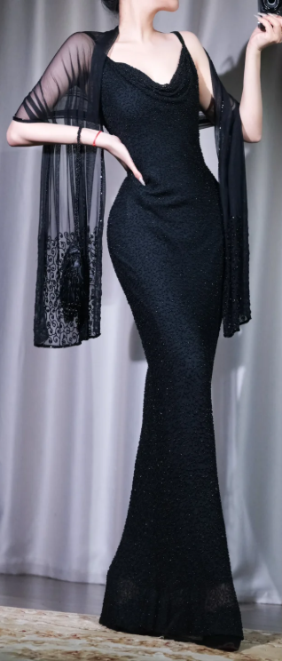 ✨Girlhomeshops-Black Beaded Mermaid Evening Gown Cowl Neck with Embroidered Shawl gh10117