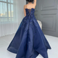 Navy Blue Strapless Ball Gown with 3D Floral Appliques & Beading, Floor-Length Prom Dress for Formal Wedding & Evening Events gh7098