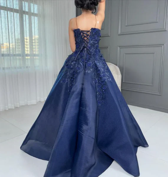 Navy Blue Strapless Ball Gown with 3D Floral Appliques & Beading, Floor-Length Prom Dress for Formal Wedding & Evening Events gh7098