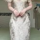 New Chinese Style Cheongsam Long Evening Gown, Stand Collar Off‑Shoulder Ruffle Floral Lace Mermaid Formal Dress for Banquet Party gh8959