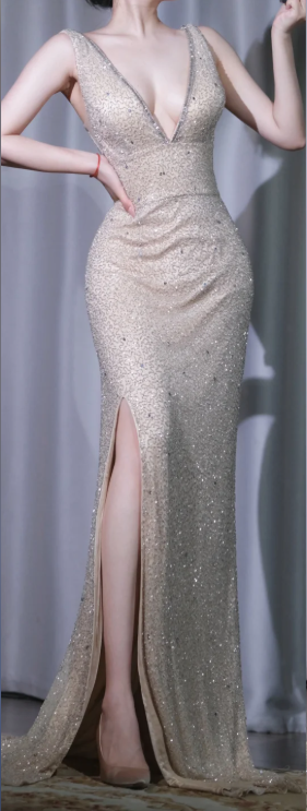 ✨Girlhomeshops-Champagne Sequin Mermaid Long Prom Gown Deep V High Slit Formal Cocktail Dress gh10109