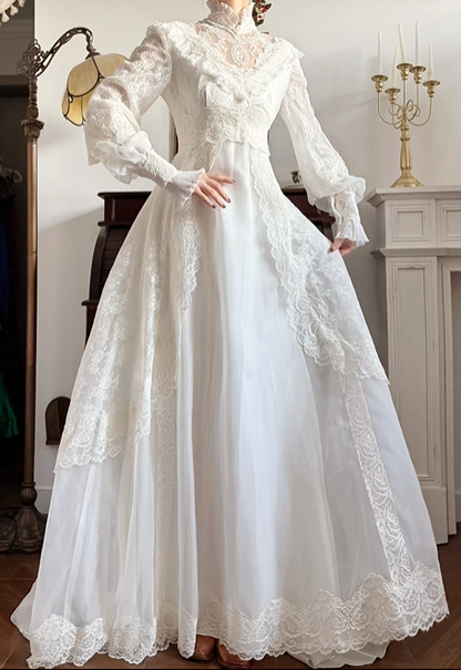 Ivory Vintage Chiffon Wedding Gown, High Neck Lace Illusion V‑Neck, Lace Puff Long Sleeves, Lace Appliqué Empire Waist, Overlay Lace Outer Skirt, Flowy Floor‑Length Full Skirt, Scalloped Lace Hem, Bridal Prom Dress gh8739