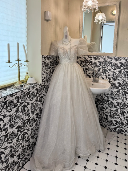 Ivory Square Neck Puff Sleeve Waist-Cinched Full Flared Romantic Dress, Wedding Gown gh7523