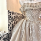 Champagne Off-the-Shoulder Waist-Cinched Gown with Silver Decorations, Voluminous Skirt Long Romantic Dress, Wedding Gown gh7760