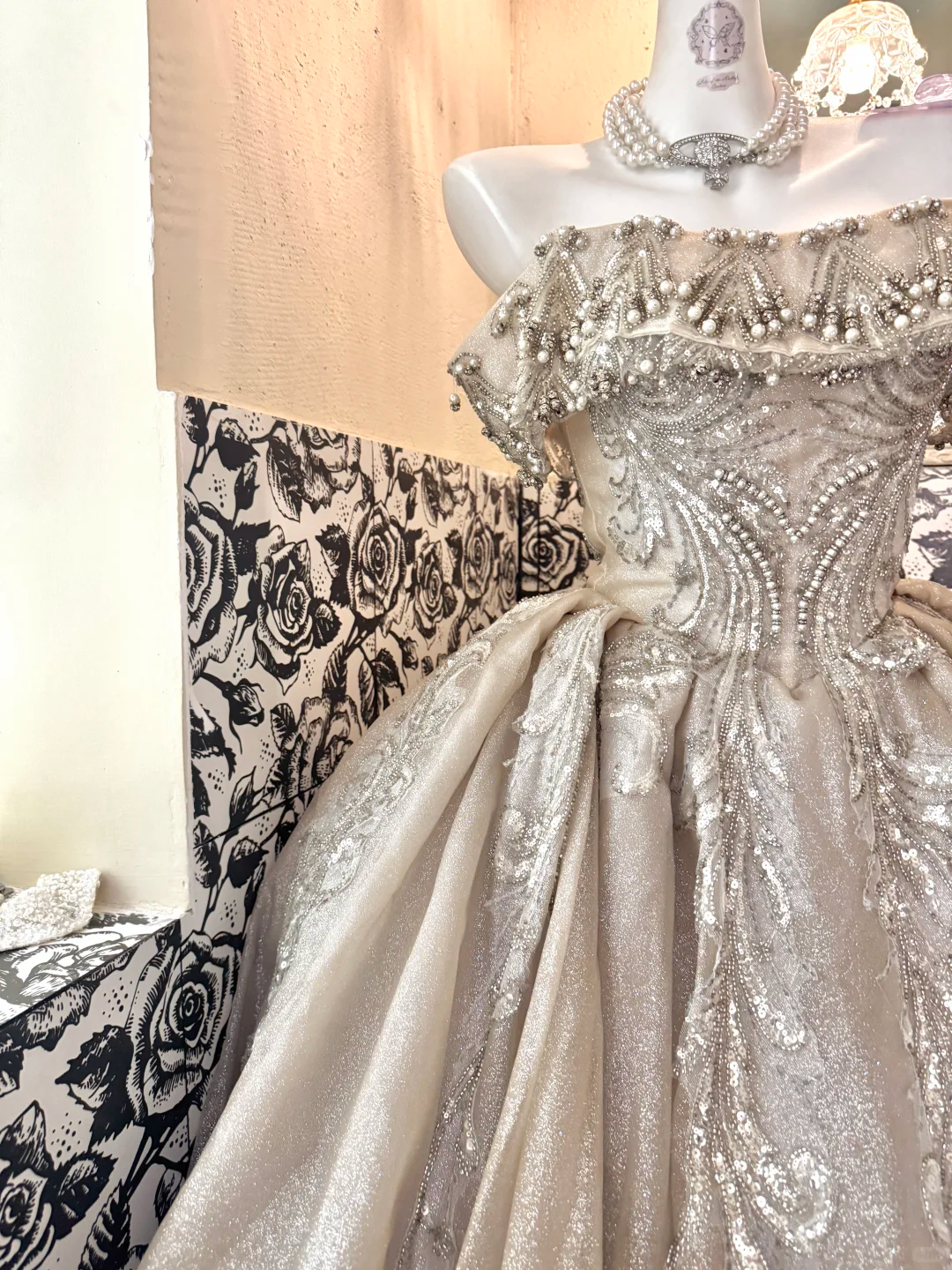 Champagne Off-the-Shoulder Waist-Cinched Gown with Silver Decorations, Voluminous Skirt Long Romantic Dress, Wedding Gown gh7760