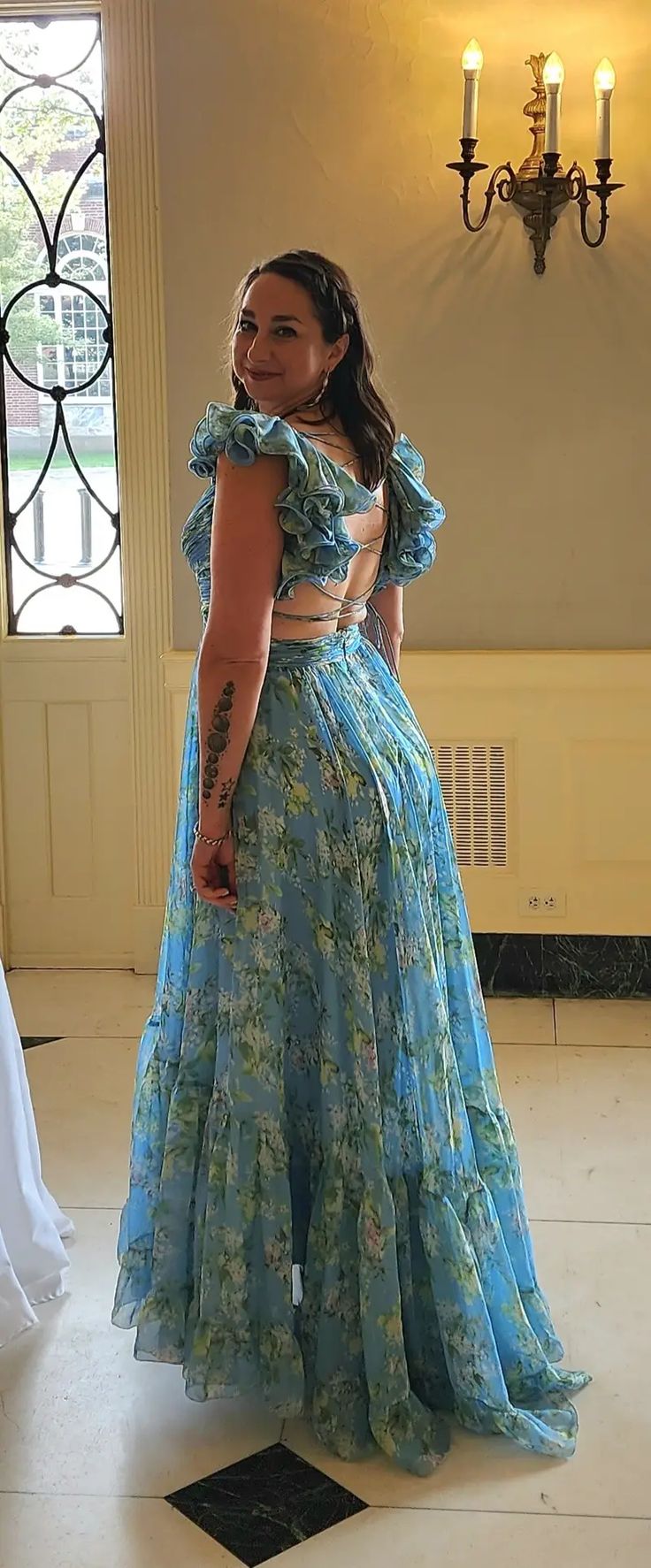 Blue elegant chiffon floral long prom dress evening gown garden party dress gh2800