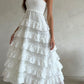 White spaghetti strap A-line long ruffled chiffon ball gown evening dress party dress gh2845