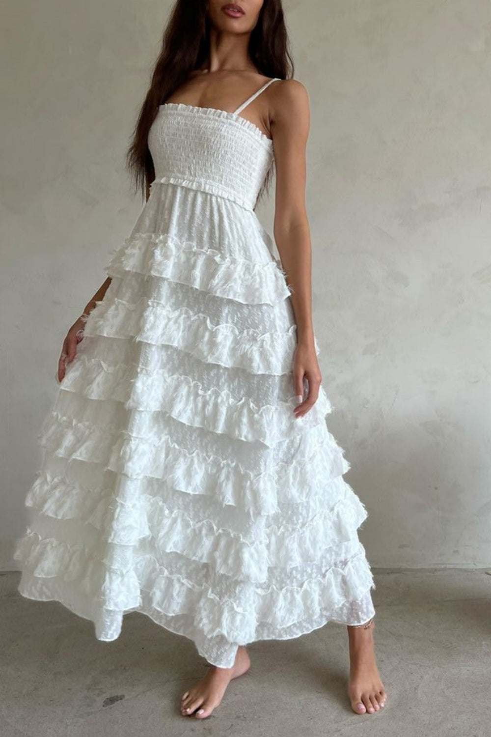 White spaghetti strap A-line long ruffled chiffon ball gown evening dress party dress gh2845