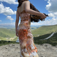 Light Orange Sexy Vintage Ombre Print Spaghetti Strap Fitted Waist Slim Prom & Evening Party Dress gh8457