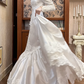 White Vintage Satin Mermaid Wedding Prom Dress, Lace High Neck Illusion V‑Neck, Leg‑of‑Mutton Puff Sleeves, Heart‑Shape Lace Appliqués, Scalloped Lace Long Train gh8680