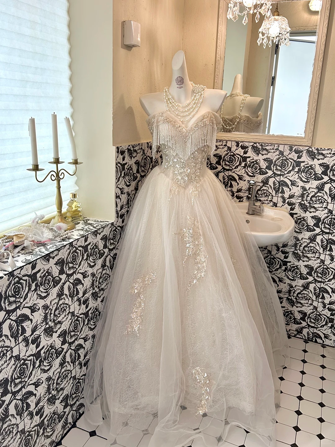 Ivory Strapless Tasseled Waist-Cinched Voluminous Skirt Long Romantic Dress, Wedding Gown gh7744