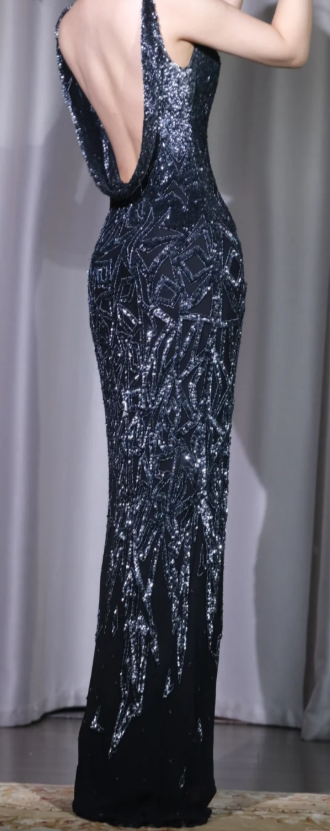 ✨Girlhomeshops-Cowl Neck Sequin Mermaid Prom Dress, Black Silver Beaded Sleeveless Evening Gown gh9946