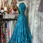 Sexy Long Turquoise Vintage Print Halter Fitted Waist Slim Prom & Evening Party Dress gh8489