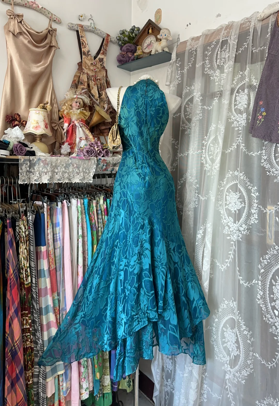 Sexy Long Turquoise Vintage Print Halter Fitted Waist Slim Prom & Evening Party Dress gh8489