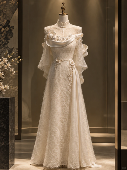 ✨Girlhomeshops-Elegant Ivory Satin Rose Lace Qipao Bridal Evening Gown gh10333