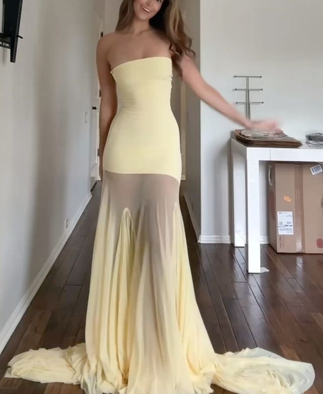 girlhomeshops-Yellow Elegant Mermaid Slim Long Chiffon Prom Dress Graduation Dress gh5930
